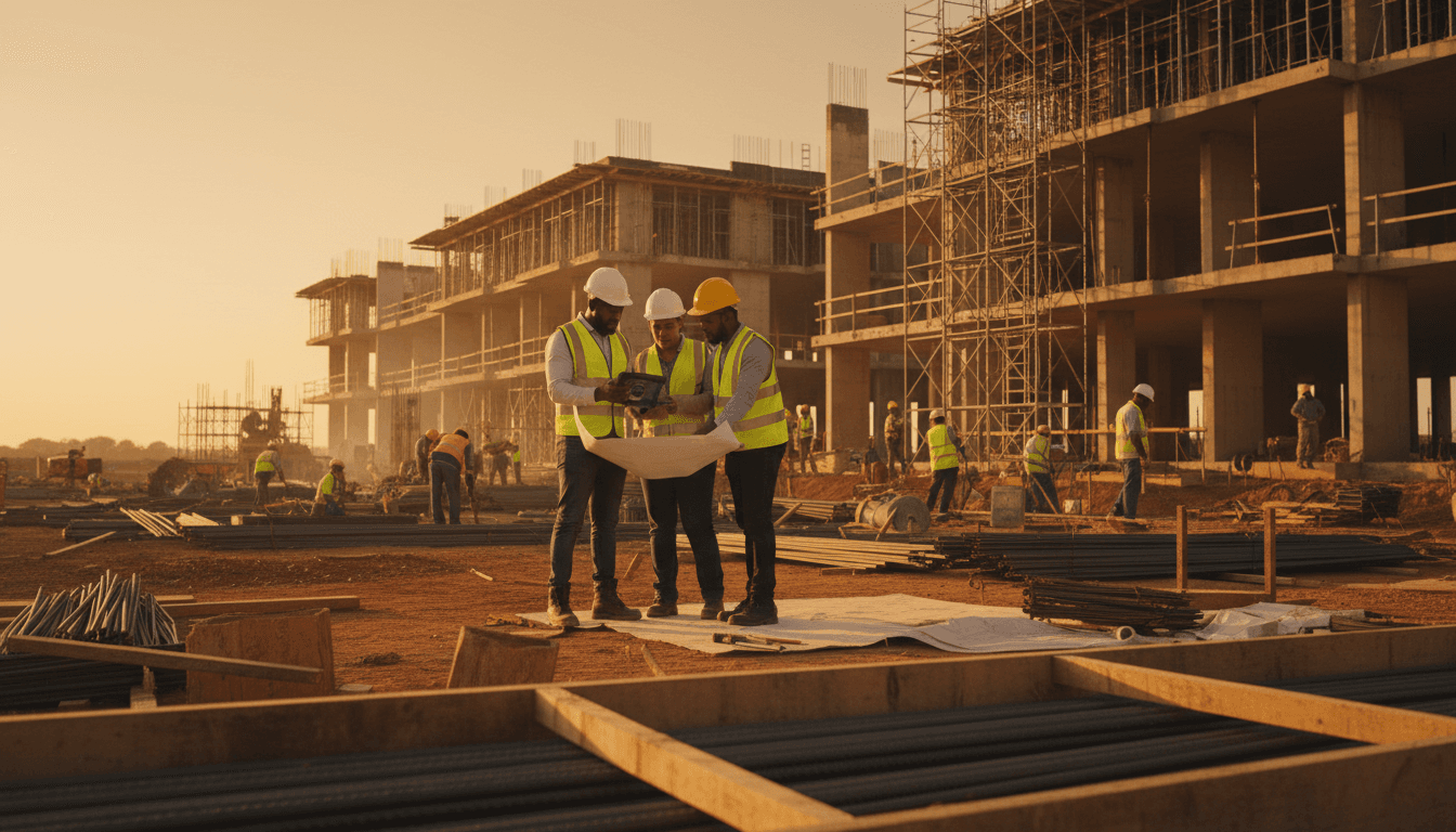 Male contractor reviewing construction plans at a KwaZulu-Natal building site