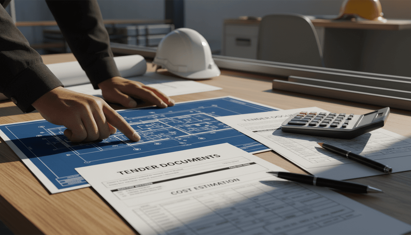 Contractor reviewing tender documents and cost estimates with precision
