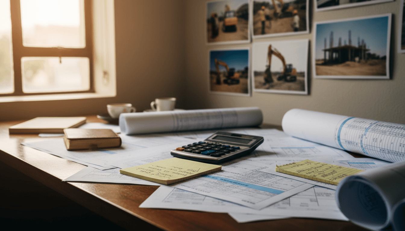 Construction tender documents and BOQ estimating materials on a wooden desk with natural office lighting