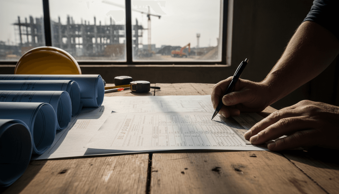 Contractor reviewing detailed Bill of Quantities and construction estimates at a site table