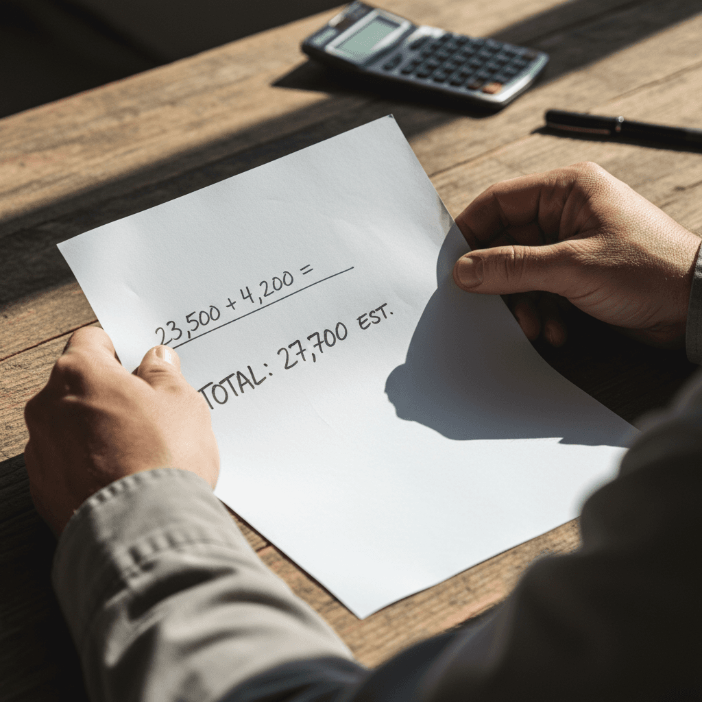 Contractor reviewing tender pricing calculations on a construction site